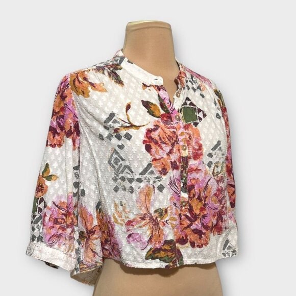 Pilcro Anthropologie Floral Surf Top Blouse S Swiss Dot Henley Boho Pink Cream - Picture 7 of 10